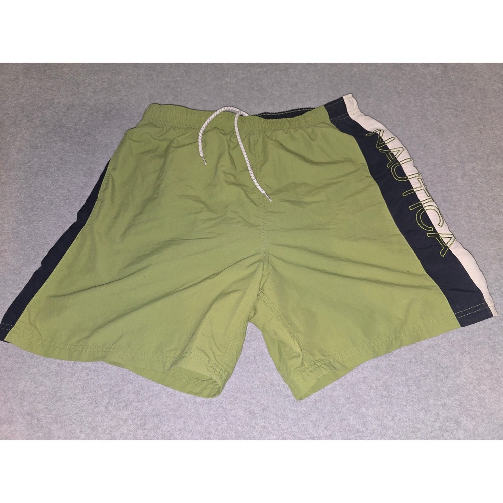 Nautica Mens Swim Trunks Green Navy Large Embroidered Logo Mesh Lined Shorts